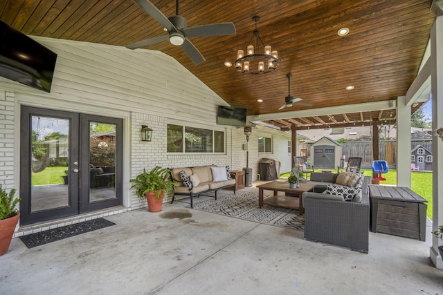 10207 Chatterton Dr, Houston, TX 77043 - view of patio featuring french doors, a ceiling fan, and outdoor lounge area
