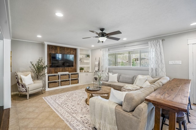 10207 Chatterton Dr, Houston, TX 77043 - living area featuring recessed lighting, a ceiling fan, crown molding, light tile patterned floors, and baseboards
