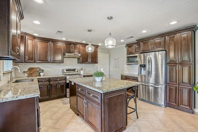 10207 Chatterton Dr, Houston, TX 77043 - kitchen with appliances with stainless steel finishes, a sink, under cabinet range hood, tasteful backsplash, and recessed lighting
