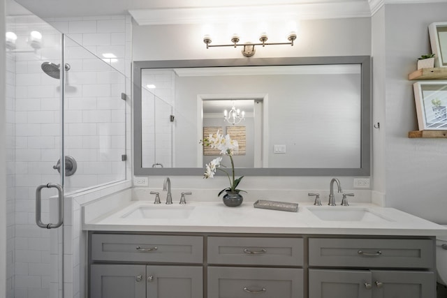 10207 Chatterton Dr, Houston, TX 77043 - full bath featuring crown molding, double vanity, a shower stall, and a chandelier
