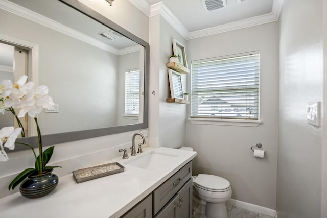 10207 Chatterton Dr, Houston, TX 77043 - bathroom featuring toilet, healthy amount of natural light, vanity, crown molding, and marble finish floors