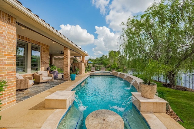 7 Edgemont Ct, Fulshear, TX 77441 - view of pool with ceiling fan, a patio area, outdoor lounge area, and a pool with connected hot tub