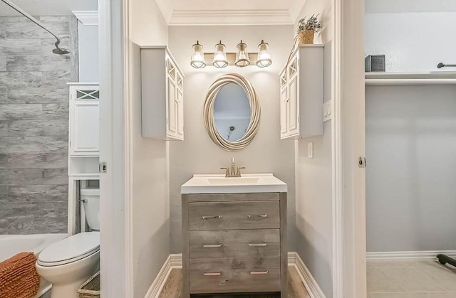 3506 Cove View Blvd Unit 1005, Galveston, TX 77554 - full bathroom featuring vanity, crown molding, a tile shower, toilet, and tile patterned floors