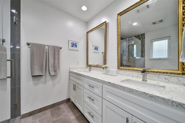 963 Thornton Rd, Houston, TX 77018 - full bathroom with double vanity, a stall shower, baseboards, and recessed lighting