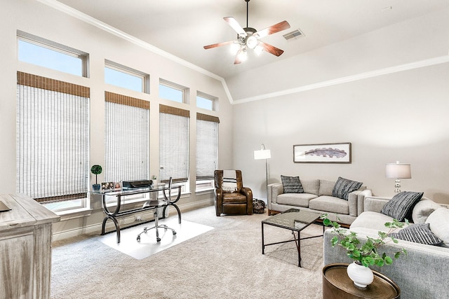 27511 Becketts Knoll Ct, Katy, TX 77494 - carpeted living area with crown molding and a ceiling fan