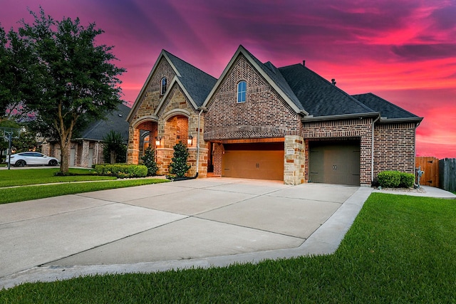 27511 Becketts Knoll Ct, Katy, TX 77494 - french country inspired facade with brick siding, driveway, an attached garage, roof with shingles, and stone siding