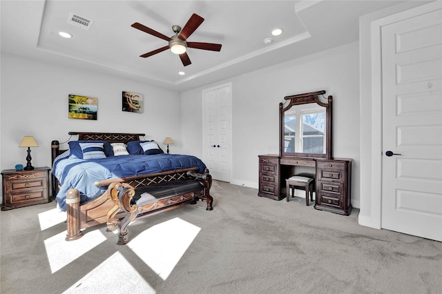 11930 Mccallister Run Dr, Humble, TX 77346 - carpeted bedroom with recessed lighting, a raised ceiling, baseboards, and a ceiling fan