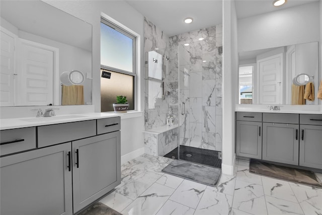 11930 Mccallister Run Dr, Humble, TX 77346 - bathroom featuring a marble finish shower, marble finish floors, healthy amount of natural light, and recessed lighting