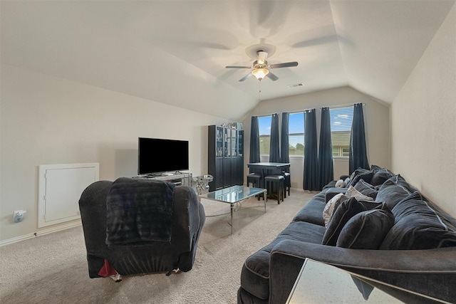 18110 Berry Garden Ln, Spring, TX 77379 - carpeted living area featuring vaulted ceiling and ceiling fan