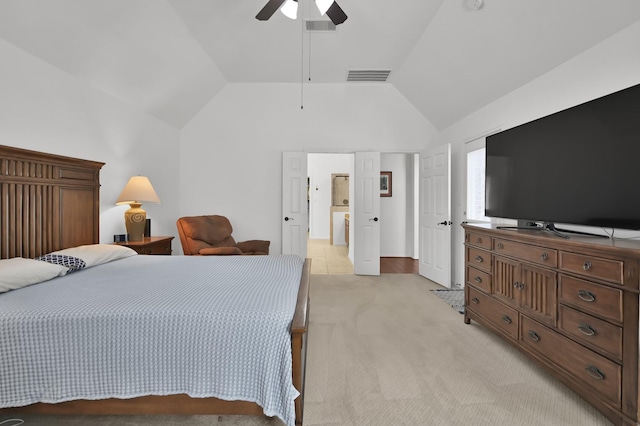 16923 Fondness Park Dr, Spring, TX 77379 - bedroom with light colored carpet, lofted ceiling, and ceiling fan