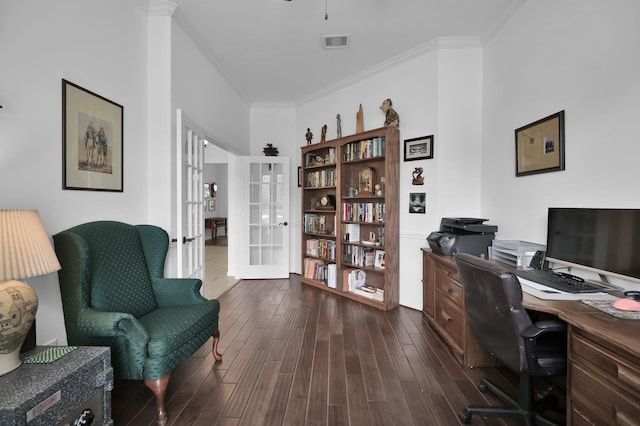 16923 Fondness Park Dr, Spring, TX 77379 - office featuring ornamental molding, dark wood finished floors, french doors, and a ceiling fan