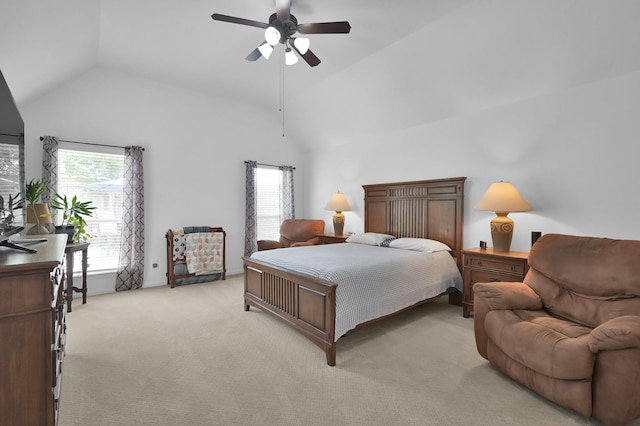 16923 Fondness Park Dr, Spring, TX 77379 - bedroom featuring vaulted ceiling, light colored carpet, and ceiling fan