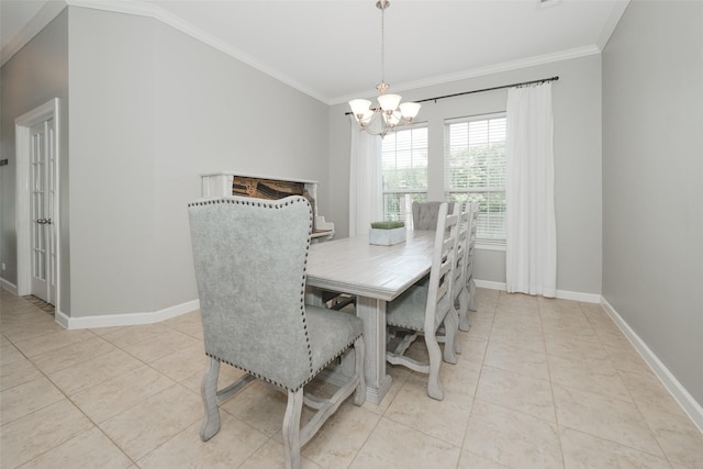 16826 Paynes Creek Dr, Cypress, TX 77433 - tiled dining room featuring a chandelier, crown molding, and baseboards