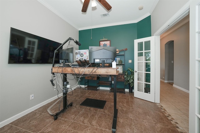 16826 Paynes Creek Dr, Cypress, TX 77433 - tiled office featuring crown molding, ceiling fan, and baseboards