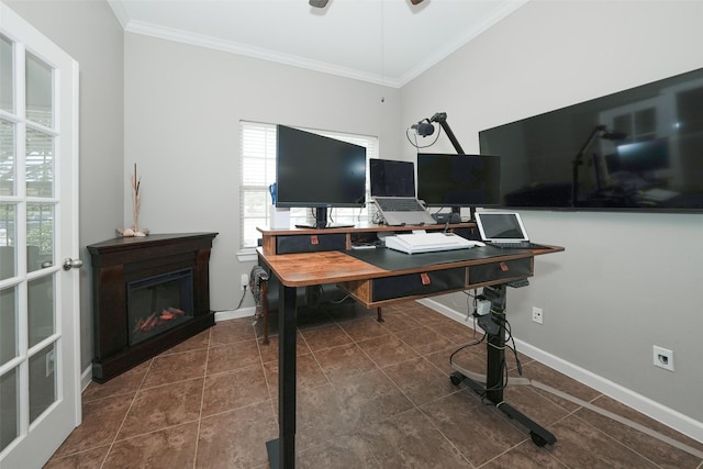 16826 Paynes Creek Dr, Cypress, TX 77433 - office area with crown molding, a glass covered fireplace, tile patterned floors, baseboards, and ceiling fan