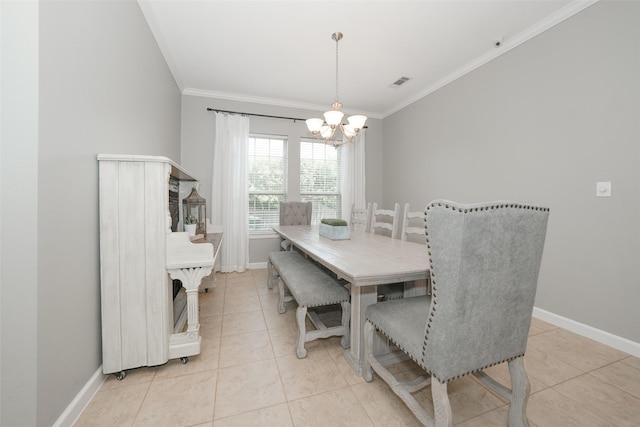 16826 Paynes Creek Dr, Cypress, TX 77433 - dining area with ornamental molding, a chandelier, light tile patterned floors, and baseboards