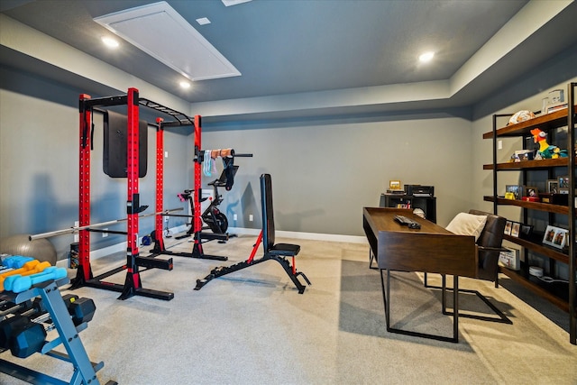 12434 Tullich Run Dr, Humble, TX 77346 - workout room with attic access, recessed lighting, carpet, and baseboards