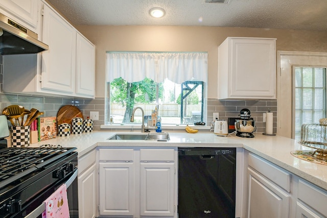 19727 Teller Blvd, Spring, TX 77388 - kitchen featuring black dishwasher, gas stove, extractor fan, white cabinetry, and a textured ceiling