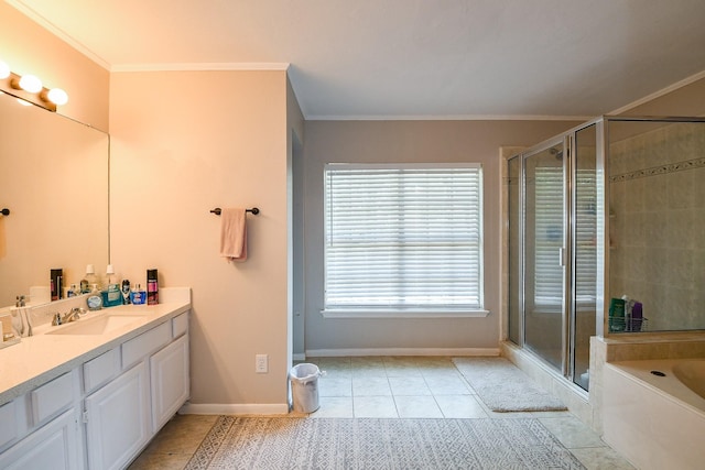 19727 Teller Blvd, Spring, TX 77388 - full bath with vanity, crown molding, a stall shower, tile patterned floors, and a bath