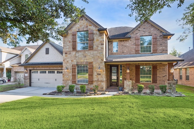 1811 Leela Springs Dr, Conroe, TX 77304 - view of front of home featuring driveway, a front lawn, an attached garage, and stone siding