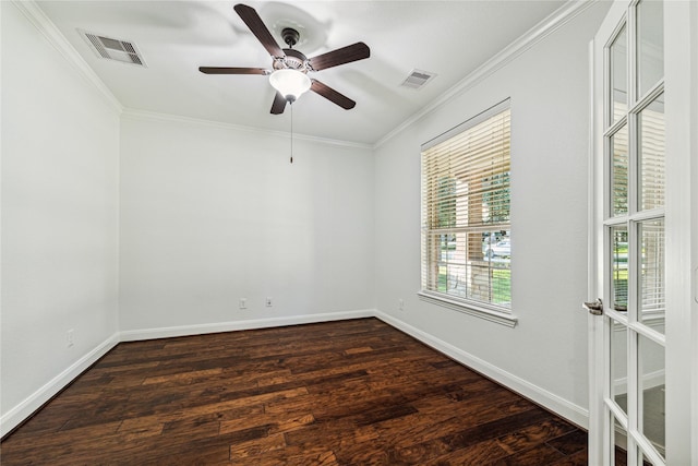 1811 Leela Springs Dr, Conroe, TX 77304 - spare room featuring ornamental molding, baseboards, dark wood finished floors, and a ceiling fan