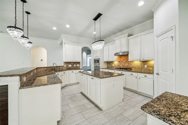 1811 Leela Springs Dr, Conroe, TX 77304 - kitchen with arched walkways, a sink, stainless steel appliances, under cabinet range hood, and ornamental molding