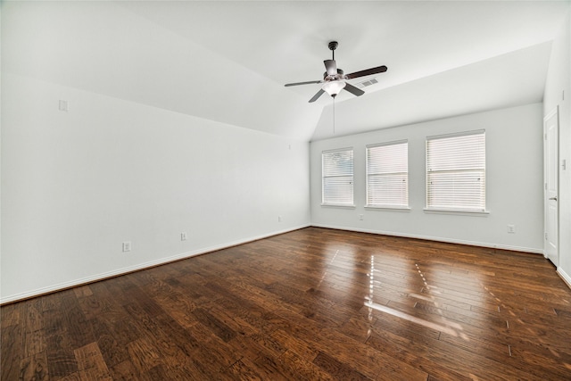 1811 Leela Springs Dr, Conroe, TX 77304 - unfurnished room featuring a ceiling fan, lofted ceiling, dark wood finished floors, and baseboards