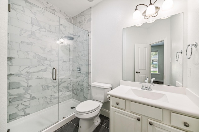1811 Leela Springs Dr, Conroe, TX 77304 - bathroom with a stall shower, vanity, toilet, a chandelier, and tile patterned flooring