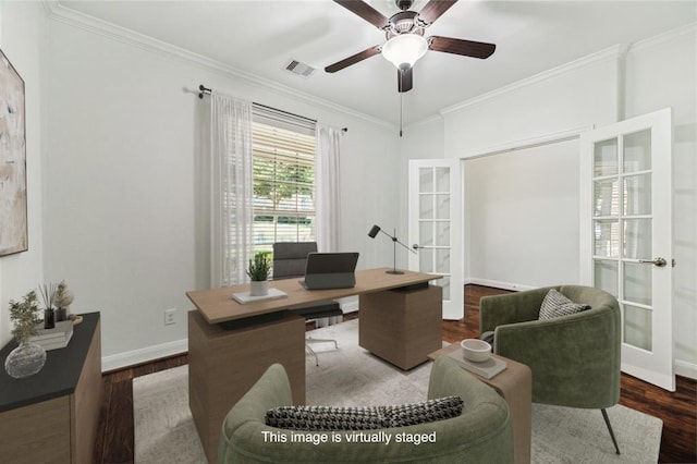 1811 Leela Springs Dr, Conroe, TX 77304 - home office featuring french doors, wood finished floors, crown molding, and ceiling fan