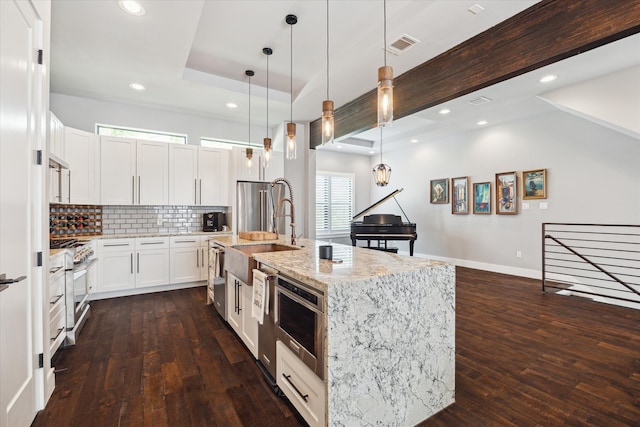 5121 Elysian St, Houston, TX 77009 - kitchen with appliances with stainless steel finishes, a sink, dark wood-style flooring, backsplash, and recessed lighting