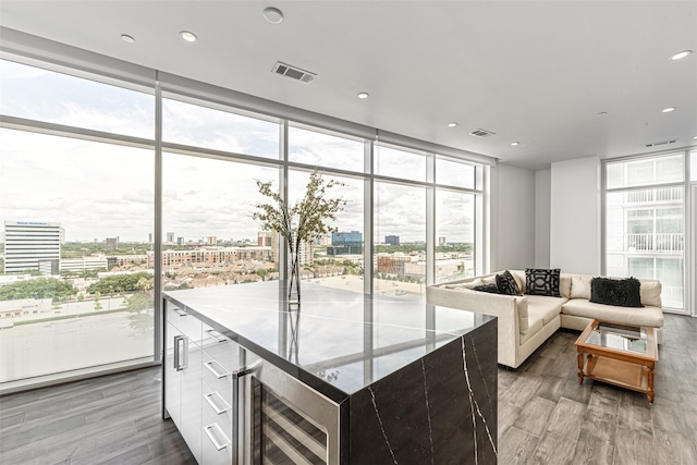 4521 San Felipe St Unit 1203, Houston, TX 77027 - living area featuring wood finished floors, healthy amount of natural light, a view of city, a wall of windows, and recessed lighting
