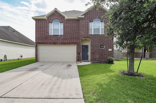 15027 Silhouette Ridge Dr, Humble, TX 77396 - traditional-style house featuring brick siding, a front lawn, driveway, an attached garage, and roof with shingles