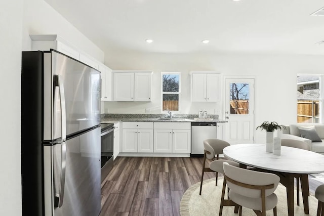 10238 Red Orchid Dr, Houston, TX 77016 - kitchen featuring stainless steel appliances, plenty of natural light, a sink, dark wood-style floors, and recessed lighting