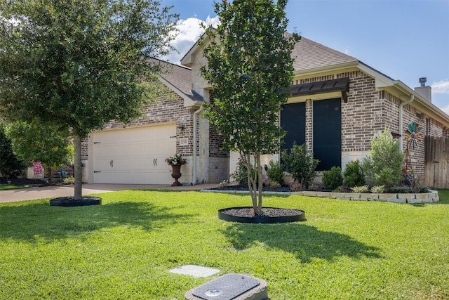 2532 Hailes Ln, College Station, TX 77845 - view of front facade with brick siding, a front lawn, a garage, and roof with shingles