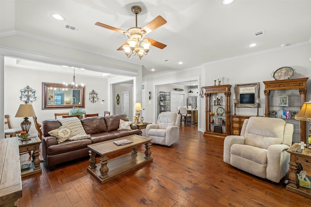 2532 Hailes Ln, College Station, TX 77845 - living area featuring a ceiling fan, hardwood / wood-style floors, ornamental molding, a chandelier, and recessed lighting