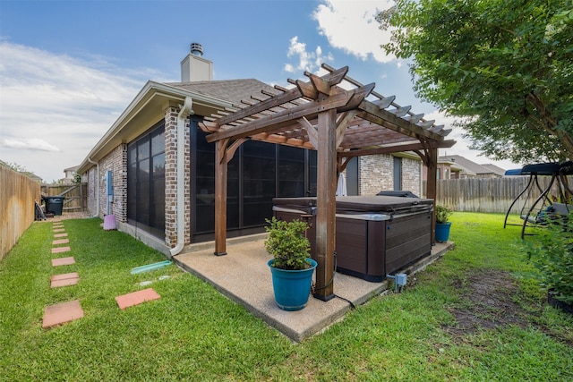 2532 Hailes Ln, College Station, TX 77845 - rear view of property featuring a hot tub, a patio, a pergola, brick siding, and a chimney
