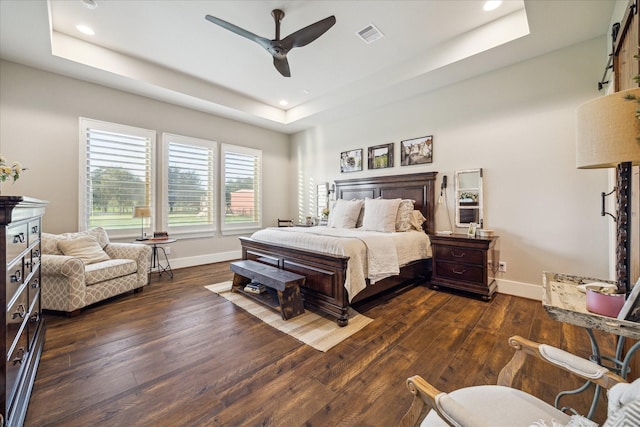 21319 Rosehill Church Rd, Tomball, TX 77377 - bedroom with a raised ceiling, dark wood-style floors, baseboards, recessed lighting, and ceiling fan