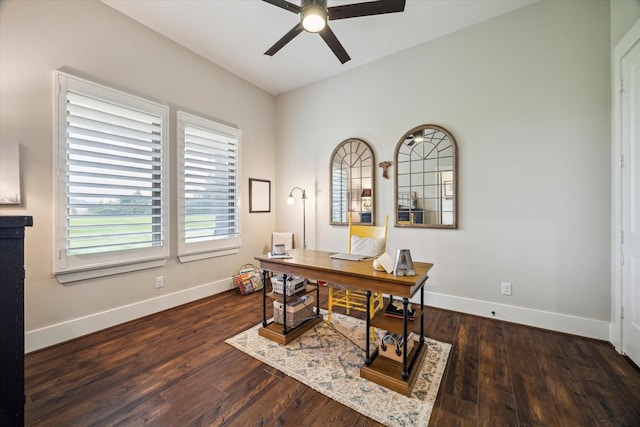 21319 Rosehill Church Rd, Tomball, TX 77377 - office area featuring a ceiling fan, baseboards, and wood finished floors
