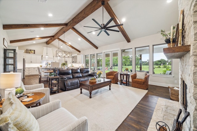 21319 Rosehill Church Rd, Tomball, TX 77377 - living room with a fireplace, ceiling fan, dark wood-style floors, beamed ceiling, and recessed lighting