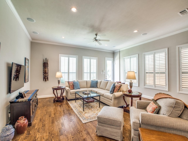 221 W 25th St Unit A, Houston, TX 77008 - living room with a ceiling fan, crown molding, baseboards, wood finished floors, and recessed lighting
