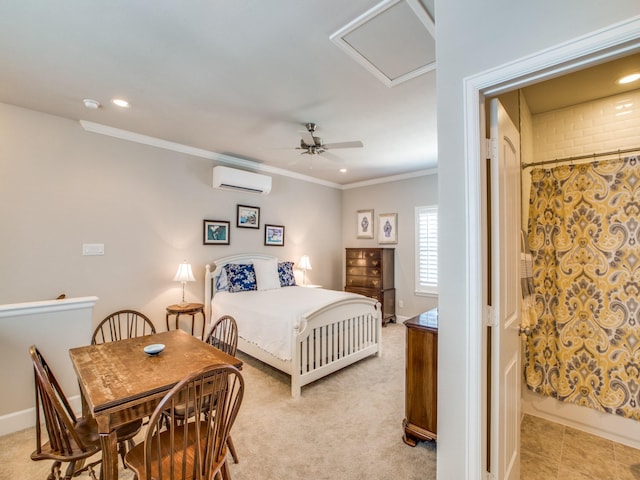 221 W 25th St Unit A, Houston, TX 77008 - bedroom featuring an AC wall unit, crown molding, attic access, recessed lighting, and light colored carpet