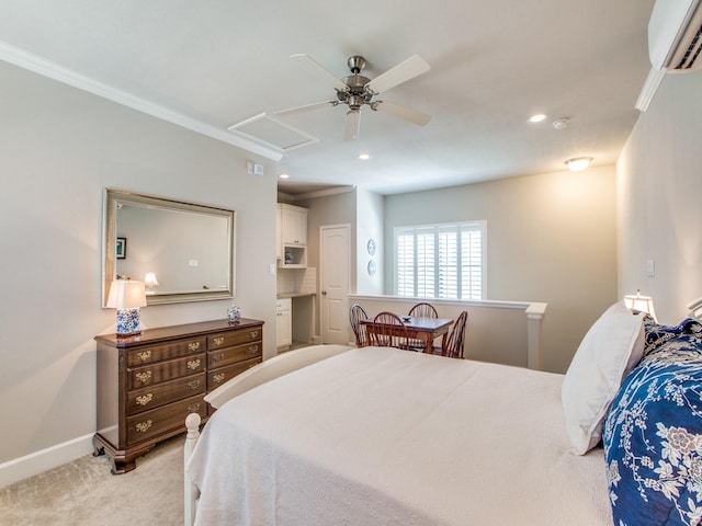 221 W 25th St Unit A, Houston, TX 77008 - bedroom with a wall unit AC, light colored carpet, ornamental molding, baseboards, and recessed lighting