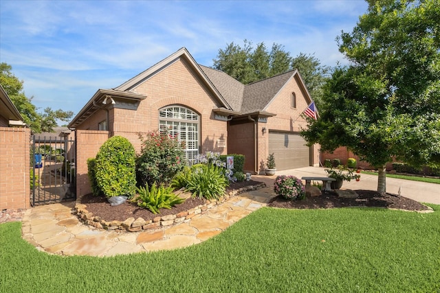 1902 Carriage Brook Way, Houston, TX 77062 - view of front facade featuring brick siding, a front lawn, a gate, concrete driveway, and roof with shingles