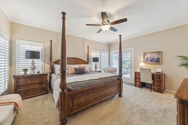 1902 Carriage Brook Way, Houston, TX 77062 - bedroom with access to outside, light colored carpet, crown molding, and ceiling fan