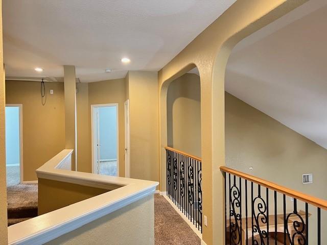 11608 Summer Moon Dr, Pearland, TX 77584 - hallway featuring carpet flooring, recessed lighting, and baseboards