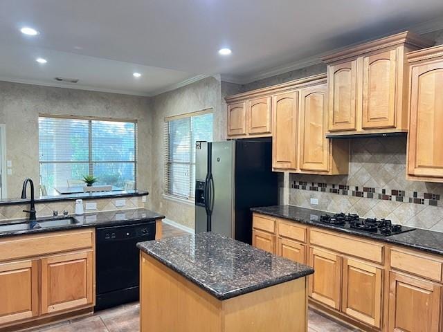 11608 Summer Moon Dr, Pearland, TX 77584 - kitchen with black appliances, a sink, crown molding, healthy amount of natural light, and decorative backsplash