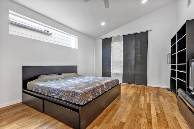 1604 Bastrop St, Houston, TX 77003 - bedroom with vaulted ceiling, light wood finished floors, recessed lighting, ceiling fan, and baseboards