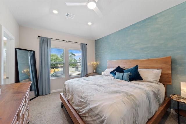 3125 Skyrock Dr, Houston, TX 77063 - carpeted bedroom featuring vaulted ceiling, baseboards, recessed lighting, and ceiling fan
