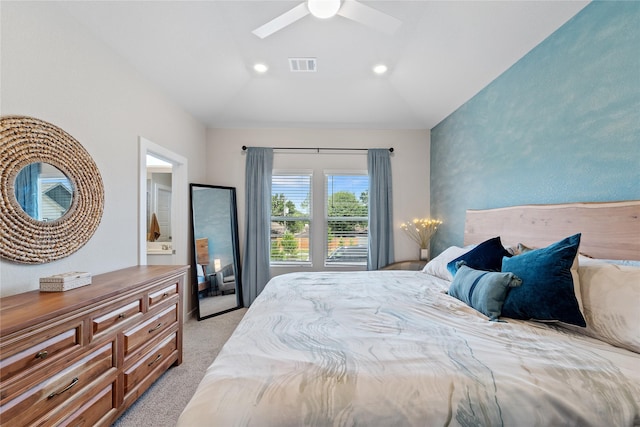 3125 Skyrock Dr, Houston, TX 77063 - bedroom with light colored carpet, vaulted ceiling, a ceiling fan, a skylight, and ensuite bath