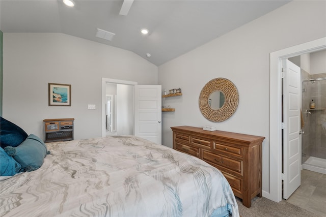 3125 Skyrock Dr, Houston, TX 77063 - bedroom featuring vaulted ceiling, recessed lighting, a ceiling fan, and connected bathroom